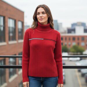 Vintage Tommy Hilfiger Red Logo Stripe Ribbed Turtleneck Sweater – Size L, Y2K